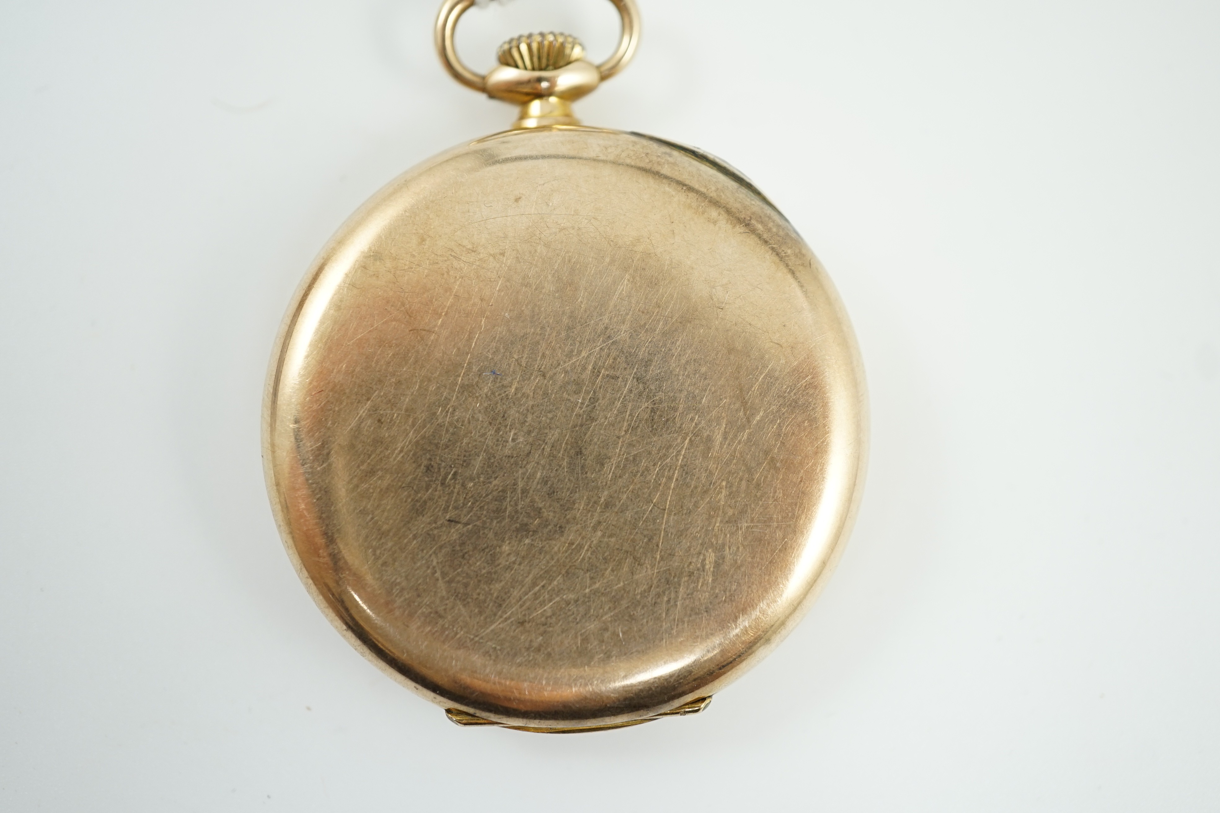 A George V 9ct gold Grosvenor open faced keyless dress pocket watch, case diameter 44mm, gross weight 49.7 grams.